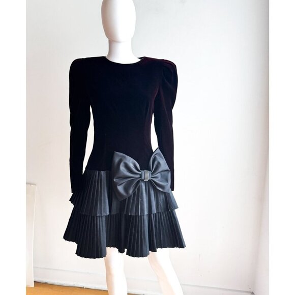 Vintage Algo Boutique Black Burgundy Shift Velvet Pleated Skirt Cocktail Dress S - Picture 6 of 7